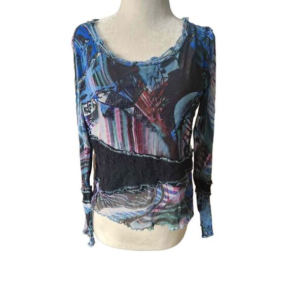 Y2K Sheer Graffiti Long Sleeve Patchwork Shirt - Picture 1 of 7